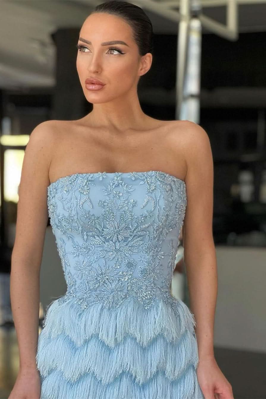 Charming Blue Evening Dress Off-the-Shoulder with Pleated Feather Beadings BM bride