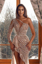Amazing One Shoulder Mermaid Sequins Split Prom Dress Beading With Long Sleeve