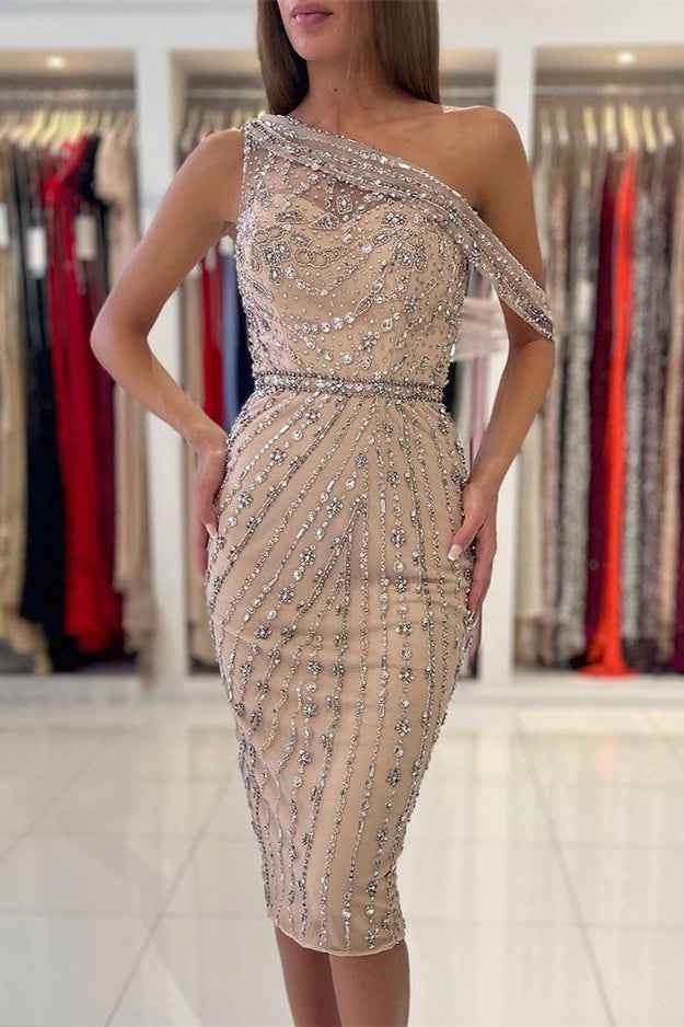 Luxurious One Shoulder Knee Length Sheath Short Prom Dress With Crystals