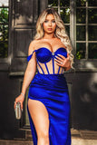 Royal Blue Sweetheart Off-The-Shoulder Prom Dress with Pearls BM bride