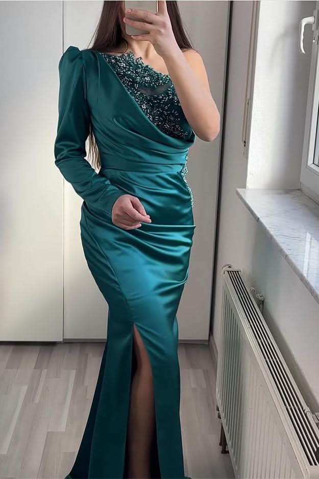 One-Shoulder Long Sleeve Mermaid Evening Dress with Split and Beadings BM bride
