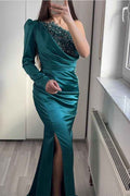 Long Sleeve Mermaid Split One Shoulder Prom Dress With Beading