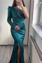 Long Sleeve Mermaid Split One Shoulder Prom Dress With Beading