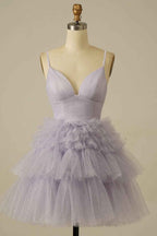 Sparkly Light Blue A-Line Tulle Tiered Short Homecoming Dress