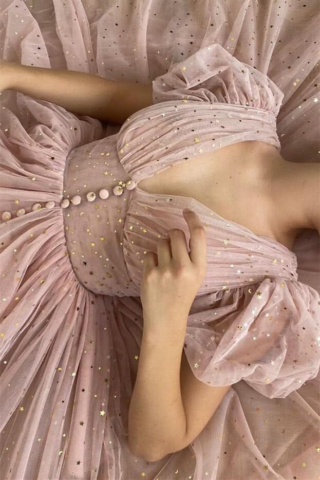 Elegant Taupe Pink V-Neck Short Sleeves Prom Dress with Sequins BM bride