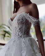 Charming Long A-Line Off-the-Shoulder Tulle Wedding Dress BM bride