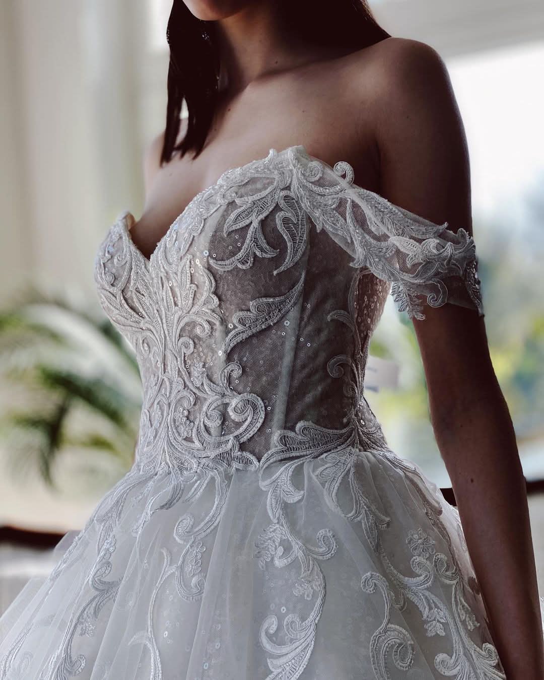 Charming Long A-Line Off-the-Shoulder Tulle Wedding Dress BM bride