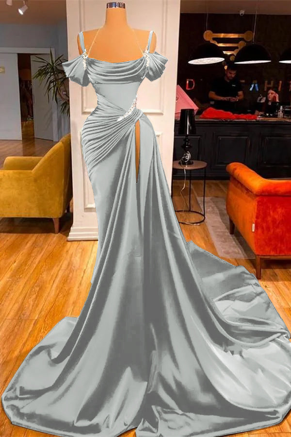 Green Chic Off the Shoulder Beadings Pleated Prom Dress Long With High Split BMBRIDE