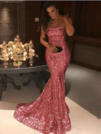 Strapless Sequins Sleeveless Strapless Mermaid Prom Dress With Pleated