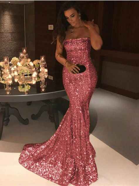 Strapless Sequins Sleeveless Strapless Mermaid Prom Dress With Pleated