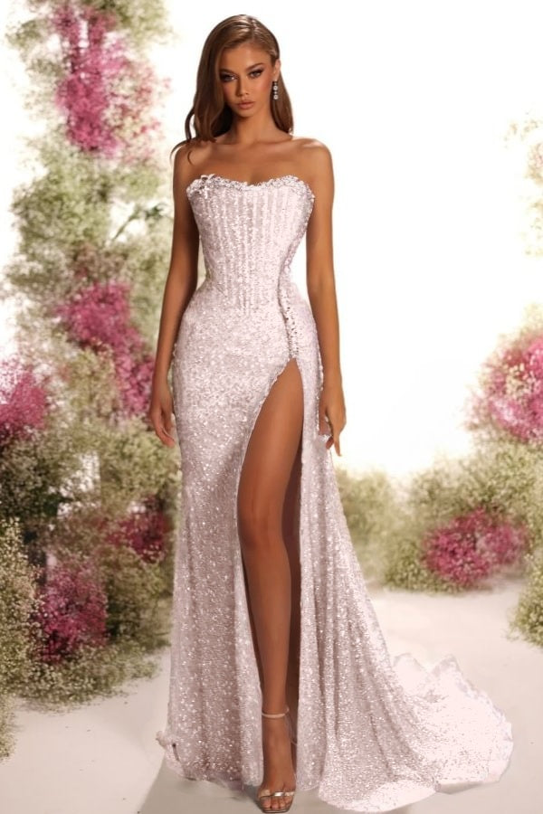Strapless Sleeveless Long Split Prom Dress With Pleated Sequins BMBRIDE