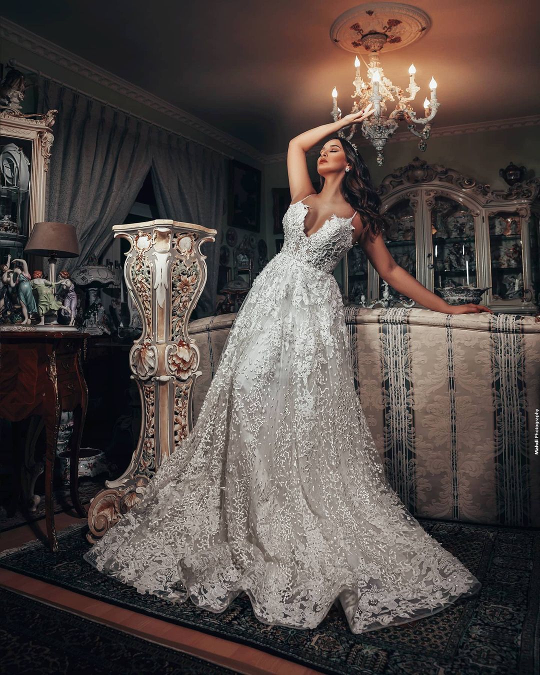 Gorgeous Long A-Line V-Neck Wedding Dress with 3D Floral Lace BM bride