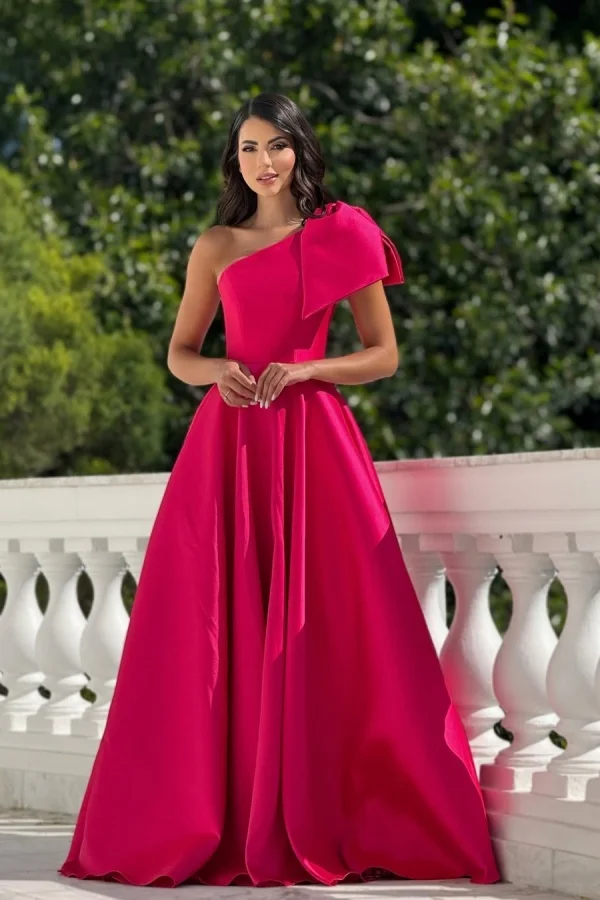 One Shoulder Sleeveless Long Prom Dress With Pleated Bowknot
