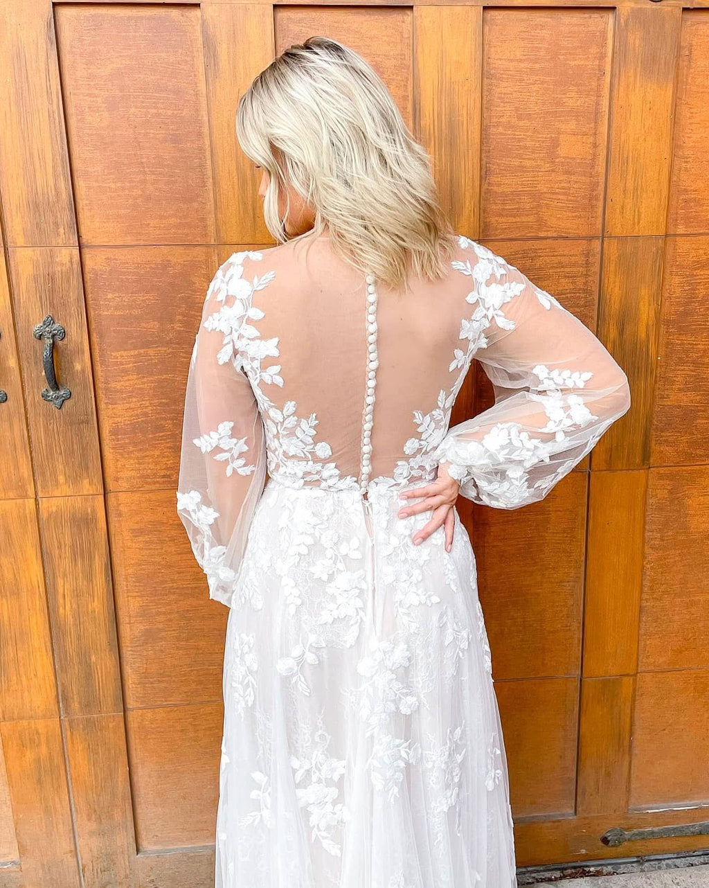 Classy Sheath Train Deep V-Neck Long Sleeve Wedding Dress with Lace Appliques and Tulle BM bride