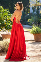Red Spaghetti Strap Long Mermaid Evening Dress with Split BM bride