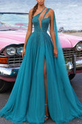Heavy Tulle Prom Dress Green Sequins with Trail High Slit BM bride