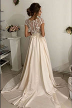 Long A-Line Jewel Neck Stretch Satin Lace Wedding Dress BM bride
