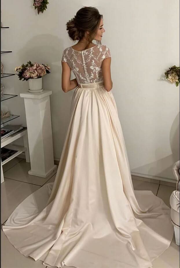Long A-Line Jewel Neck Stretch Satin Lace Wedding Dress BM bride