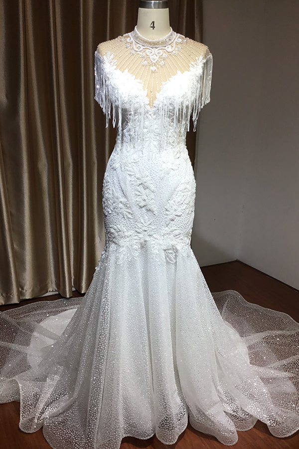 High Neck Mermaid Wedding Dress with Beading and Tassels BM bride