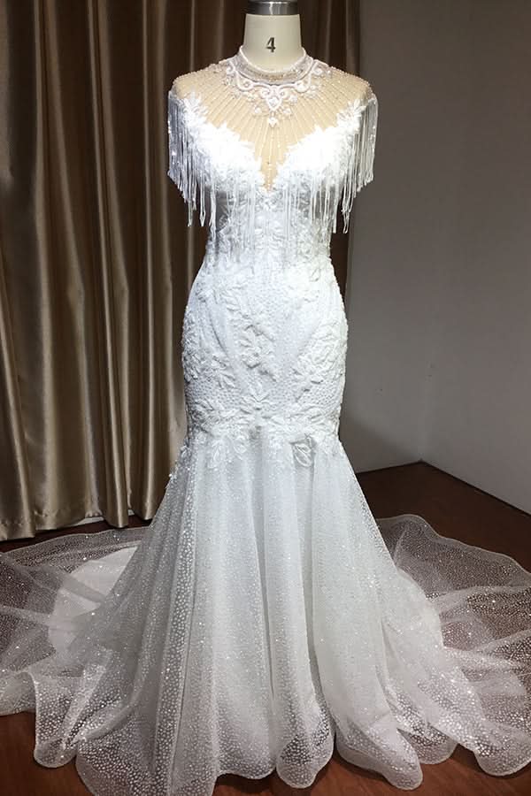 High Neck Mermaid Wedding Dress with Beading and Tassels BM bride