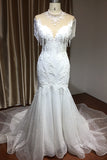 High Neck Mermaid Wedding Dress with Beading and Tassels BM bride