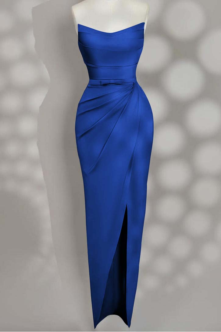 Strapless Sleeveless Long Split Prom Dress With Pleated Bowknot BMBRIDE