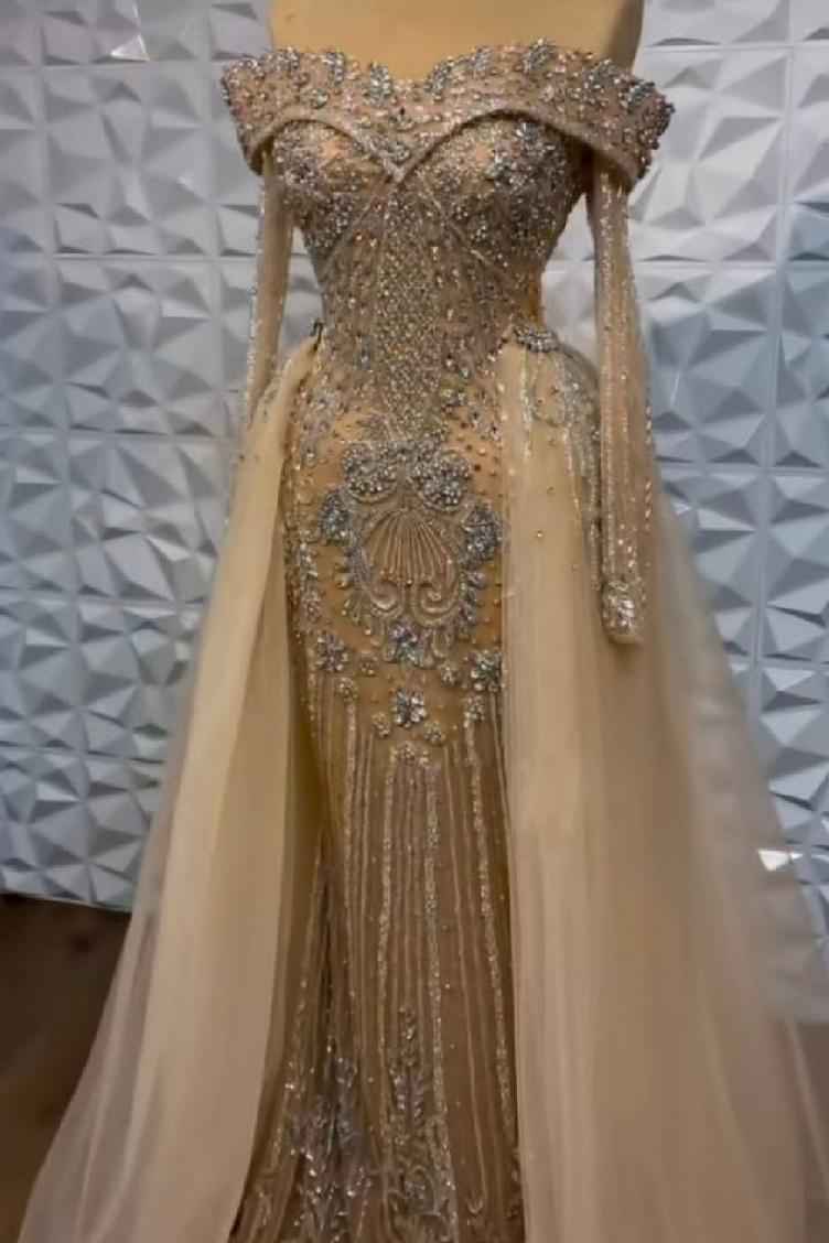 Off the Shoulder Long Sleeves Long Prom Dress With Beading Tulle