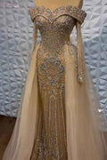 Off the Shoulder Long Sleeves Long Prom Dress With Beading Tulle