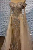 Off the Shoulder Long Sleeves Long Prom Dress With Beading Tulle