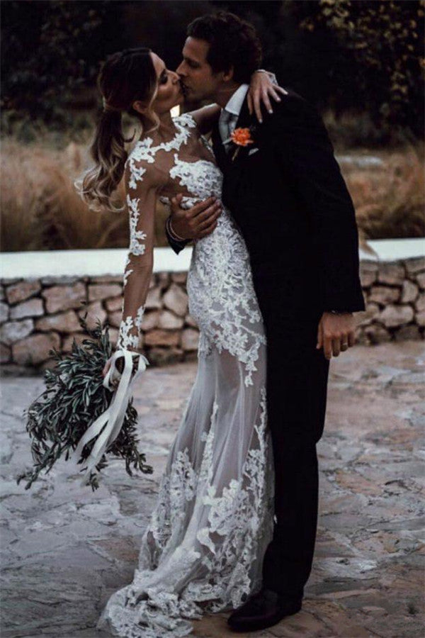 Long Sleeve Lace Mermaid Wedding Dress BM bride
