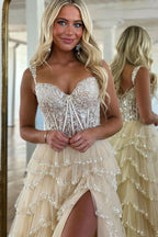 Charming A-Line Sweetheart Champagne Tulle Prom Dress with Appliques BM bride