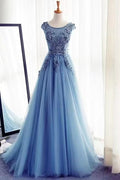 Gorgeous Jewel Sleeveless A-Line Tulle Prom Dress with Appliques BM bride