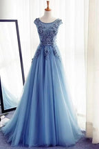 Gorgeous Jewel Sleeveless A-Line Tulle Prom Dress with Appliques BM bride