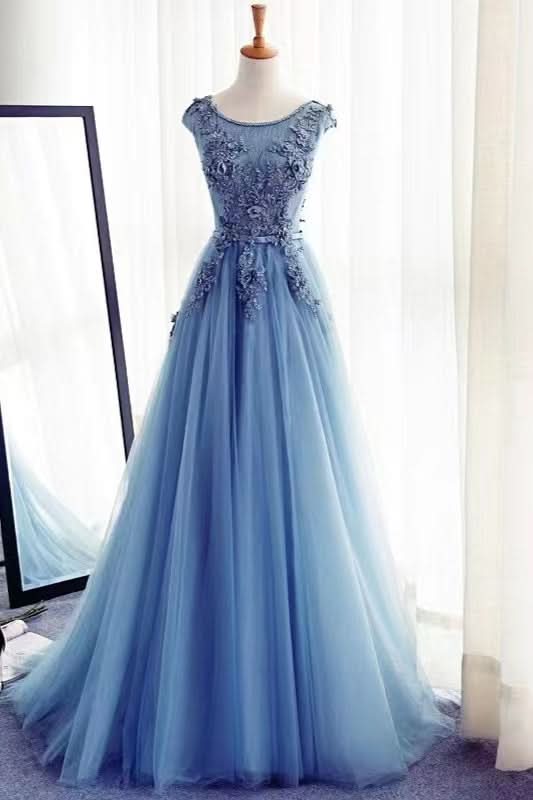 Gorgeous Jewel Sleeveless A-Line Tulle Prom Dress with Appliques BM bride