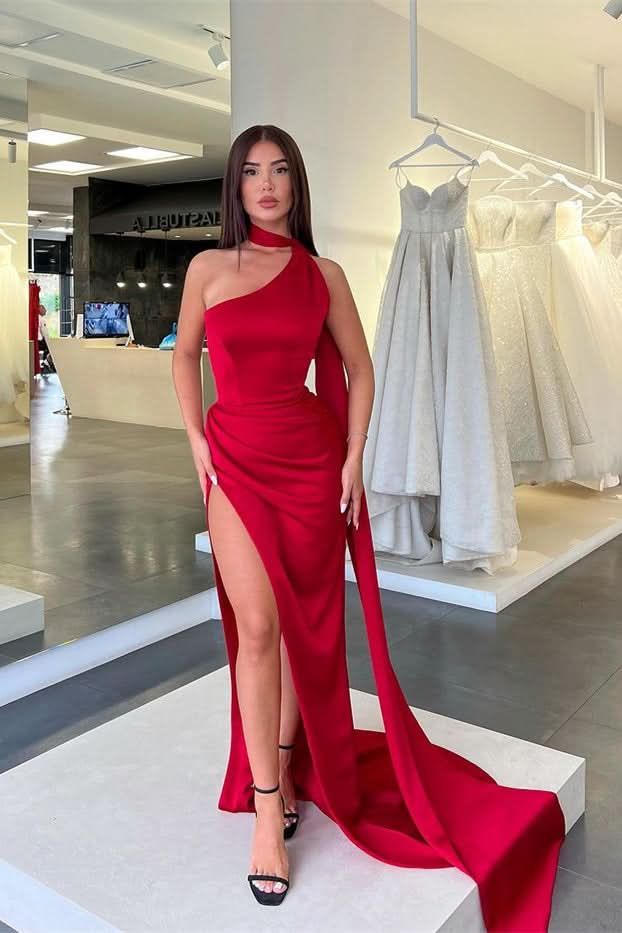 Red High Collar Long Mermaid Prom Dress with Slit and Ruffles BM bride