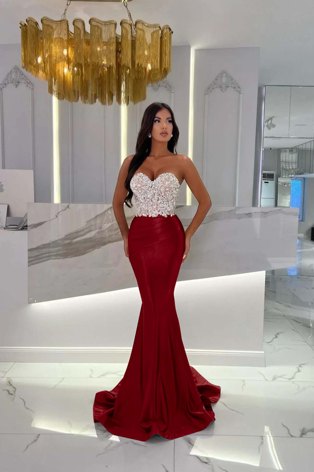 Prom Dress Satin Gold Sweetheart Sleeveless Strapless With Rhinstone Mermaid