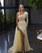 Yellow One Shoulder Sleeveless Beads High Slit Prom Dress BM bride
