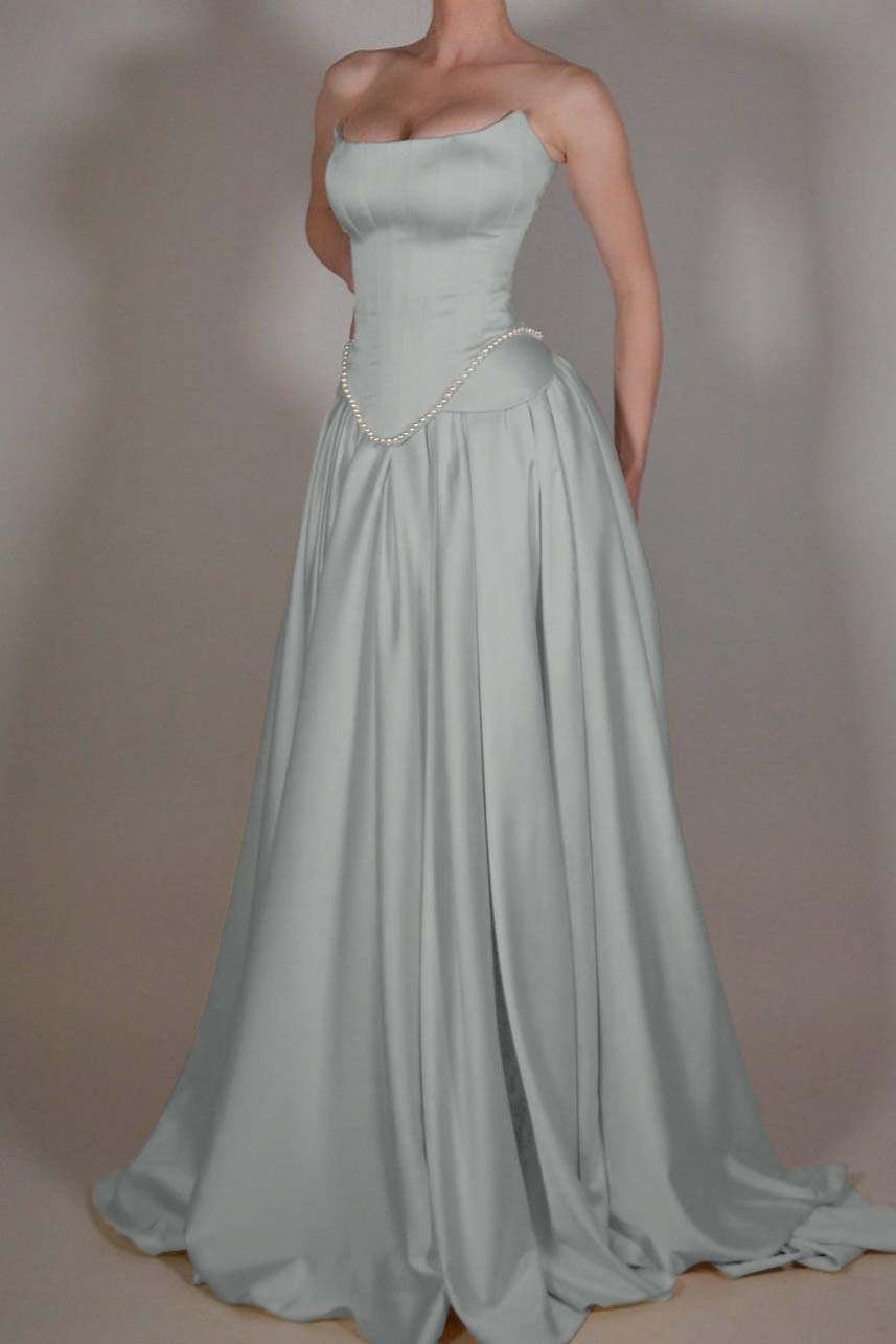 Strapless Sleeveless Long A Line Prom Dress With Pleated Beading BMBRIDE
