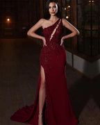 Elegant One-Shoulder Applique Mermaid Prom Dress with Split BM bride