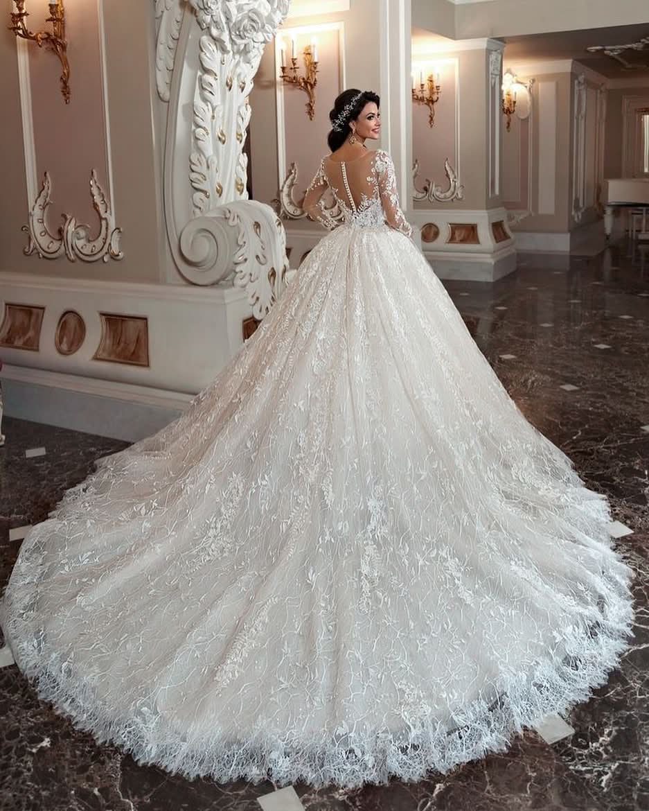 Attractive Long Sleeve Bateau Beaded Train Wedding Dress with A-Line Lace Appliques BM bride