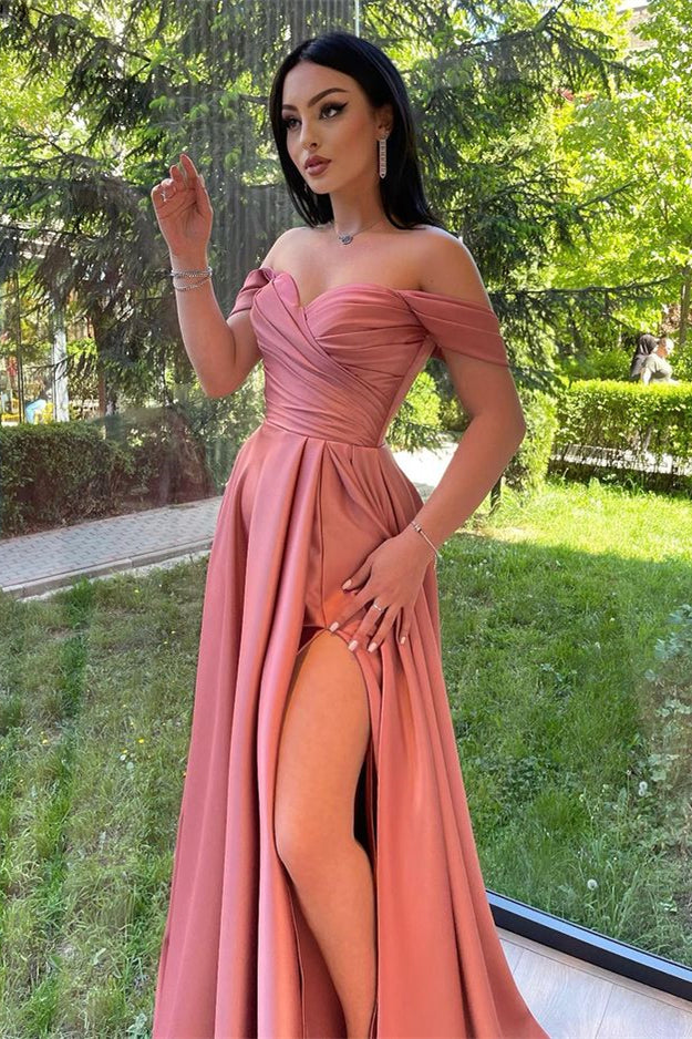 Glorious Dusty Pink Off-The-Shoulder Evening Front Split Prom Dress with Sweetheart Neckline BM bride
