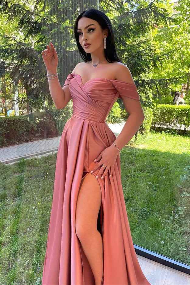 Dusty Pink Off the Shoulder Sweetheart Glorious Prom Front Split Prom Dress