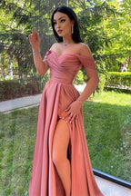 Dusty Pink Off the Shoulder Sweetheart Glorious Prom Front Split Prom Dress