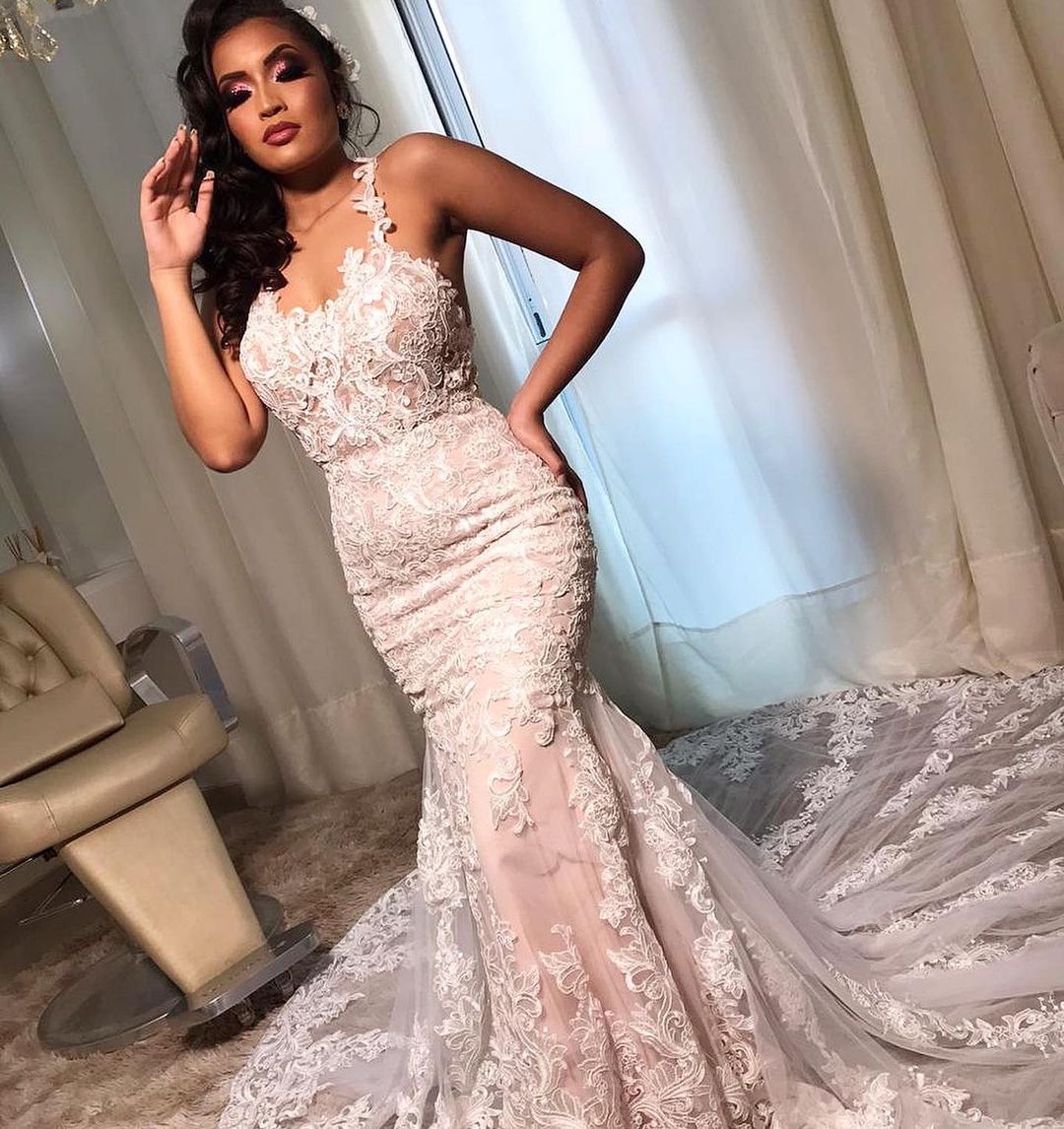 Mermaid Spaghetti Strap Wedding Dress with Open Back and Lace BM bride