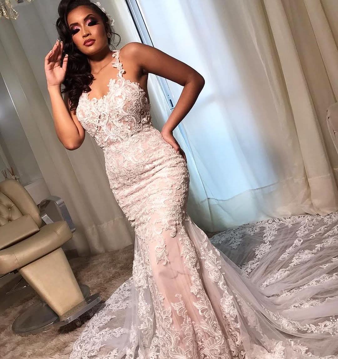 Mermaid Spaghetti Strap Wedding Dress with Open Back and Lace BM bride