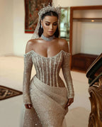 Champagne Long Sleeves Mermaid Sequin Wedding Dress Pleated BM bride