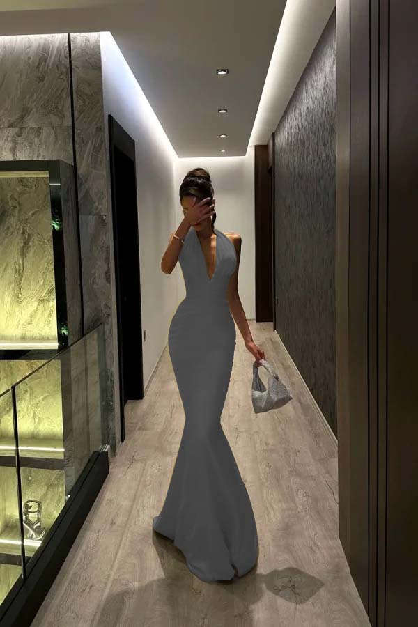Halter V Neck Sleeveless Long Mermaid Prom Dress With Pleated