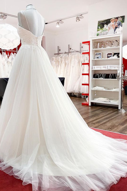 Sweetheart Long A-Line Spaghetti Strap Wedding Dress with Tulle Lace BM bride