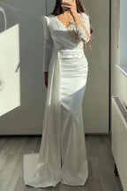 V-Neck Long Sleeves Ruffle Mermaid Prom Dress with Lace Appliques BM bride