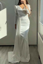 Long Sleeves Ruffles V Neck Pleated Mermaid Prom Dress With Lace Appliques